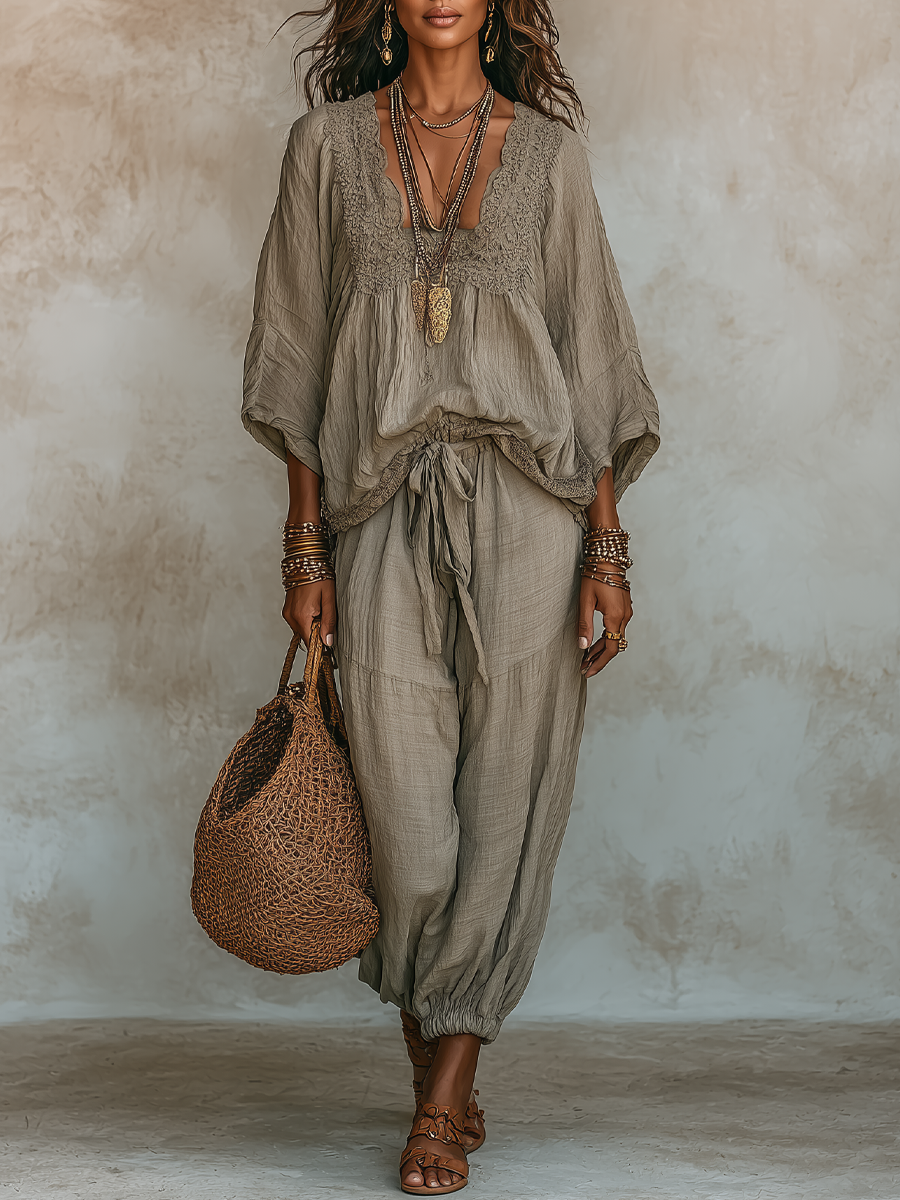 Lace-trimmed Crinkled Cotton-linen Top + Harem Pants Set