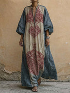 Women's Vintage-print V-neck 3/4-sleeve Casual Loose Cotton-linen Dress