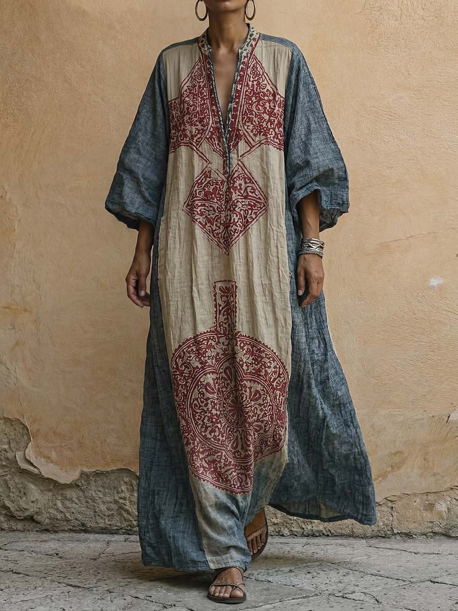 Women's Vintage-print V-neck 3/4-sleeve Casual Loose Cotton-linen Dress