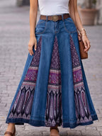 Women's High-waisted Casual Loose-fit Denim Skirt â Printed & Paneled A-line