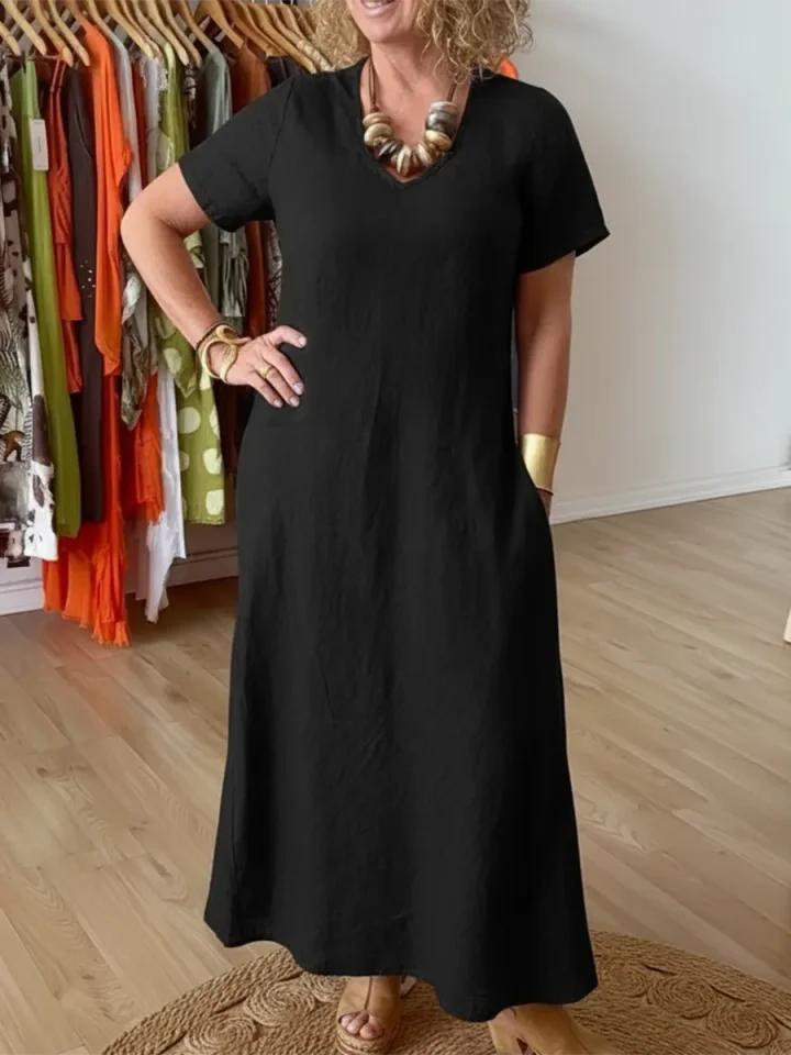 Elegant Diamond-neck Linen Midi Dress