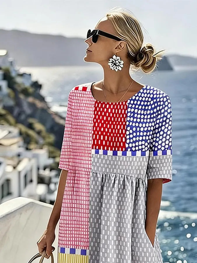 Women's Casual Round Neck Half Sleeve Striped Contrast Print Dress