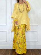 Loose-fit Casual Linen & Cotton Top And Floral-print Pants Two-piece Set