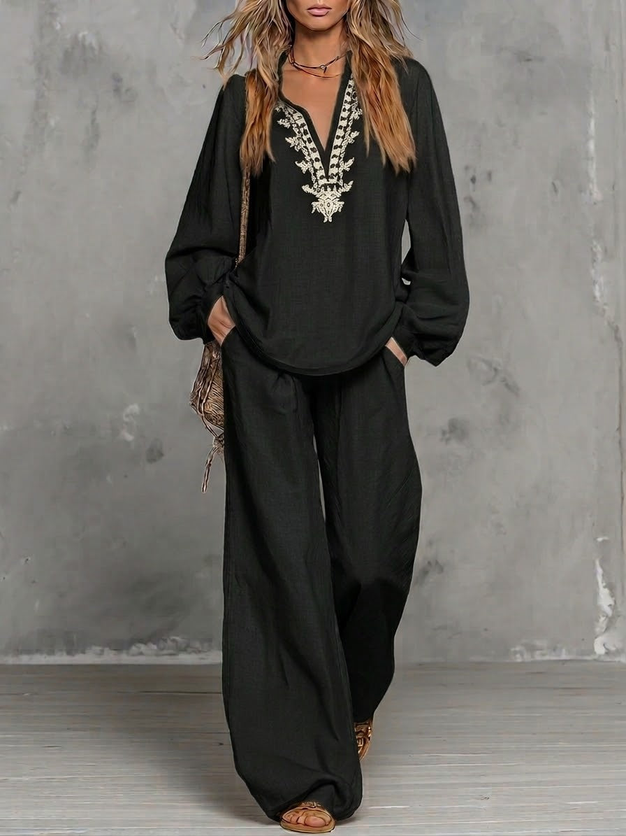 Casual Linen And Cotton Shirt And Trousers Two-piece Set
