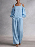 Women's Off-shoulder Cotton-linen Wide-leg Pants Set