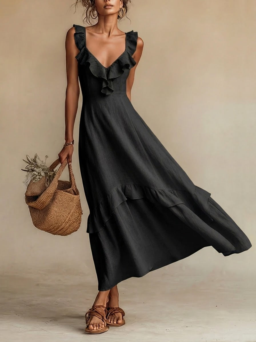 Elegant Ruffled Linen And Cotton Dress