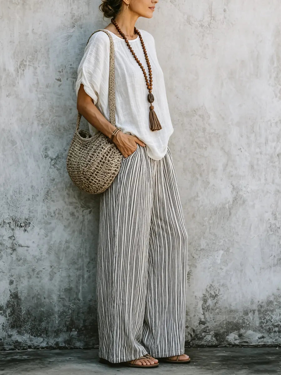 Women's Simple Top And Striped Wide-leg Pants Cotton Linen Set