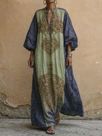Women's Vintage-print V-neck 3/4-sleeve Casual Loose Cotton-linen Dress