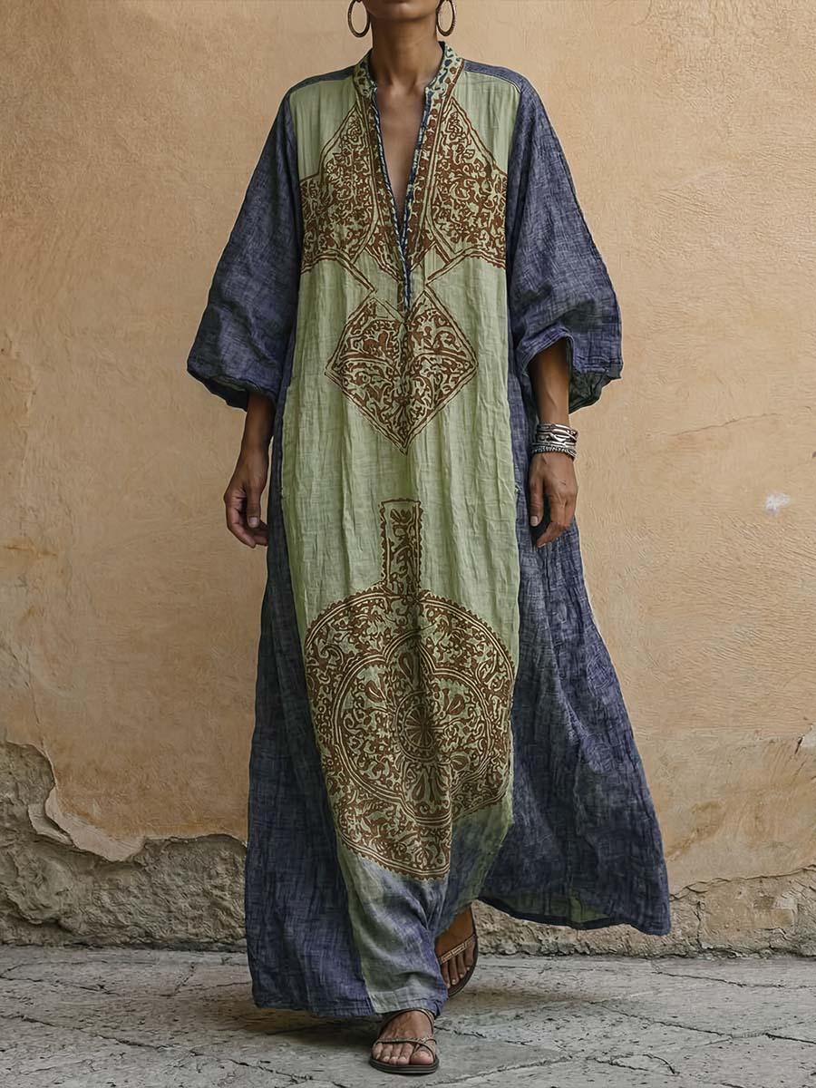 Women's Vintage-print V-neck 3/4-sleeve Casual Loose Cotton-linen Dress
