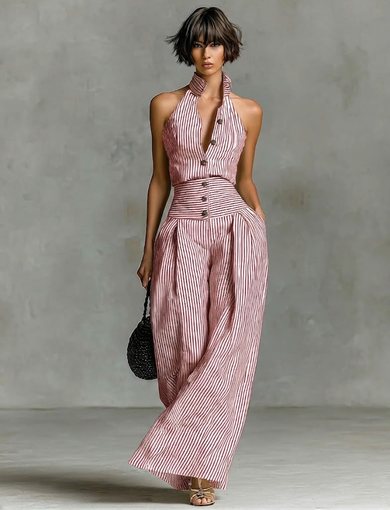 Retro Striped Sleeveless Top + High-waisted Wide-leg Pants Two-piece Set