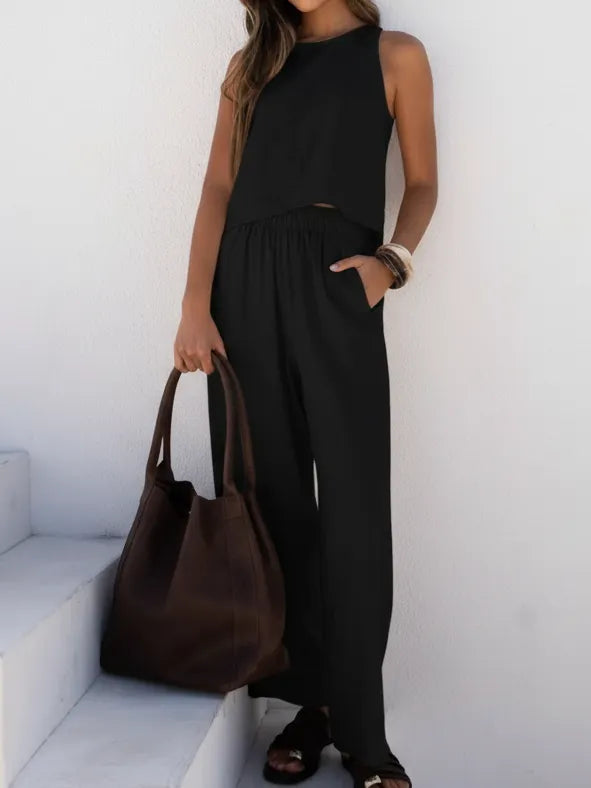 Casual Cozy Back Button Design Linen And Cotton Two-piece Set