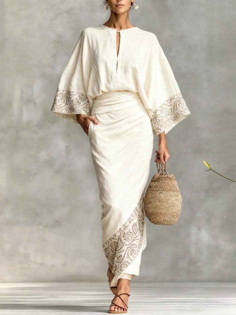 Stylish Casual Two-piece Set: Artistic Print Linen & Cotton Top And Skirt