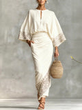 Stylish Casual Two-piece Set: Artistic Print Linen & Cotton Top And Skirt