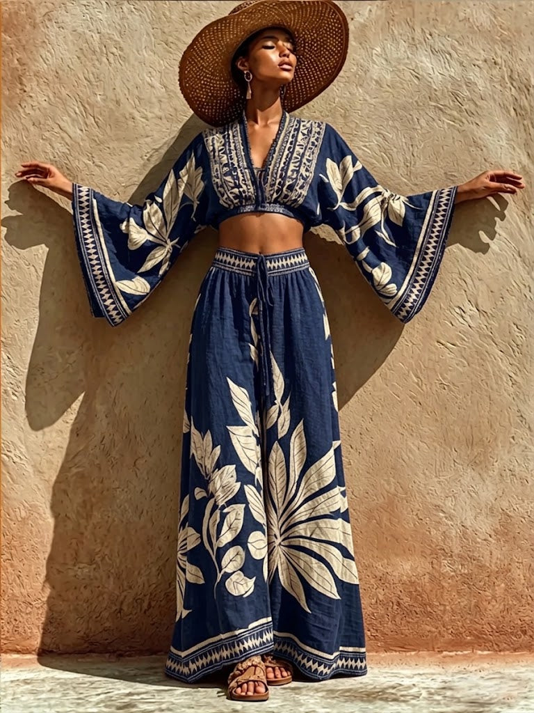 Bohemian-style Artistic Print Linen And Cotton Two-piece Set: Cropped Top And Pants