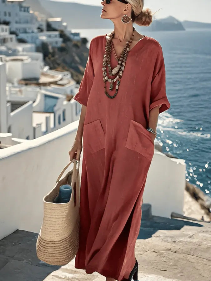 Ladies Loose Solid Pocket Dress