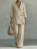 Cotton Linen V-neck Tie-front Top And Casual Trousers Set