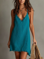 Stylish Fringe-trimmed Cotton-linen Mini Slip Dress