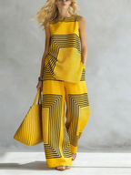 Artistic Geometric Line Print Cotton-linen Two-piece Set