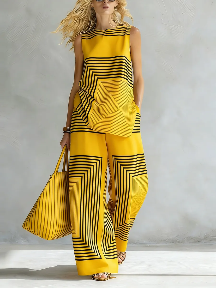 Artistic Geometric Line Print Cotton-linen Two-piece Set