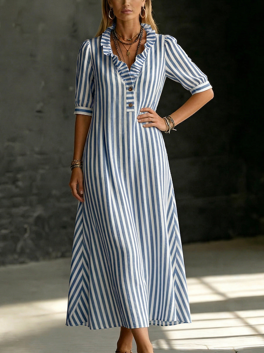 Elegant Ruffled-collar Striped Cotton-linen Dress