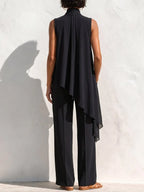 Women's Solid-color Sleeveless Chiffon Set: Stand-collar Loose Casual Top & High-waisted Wide-leg Pants