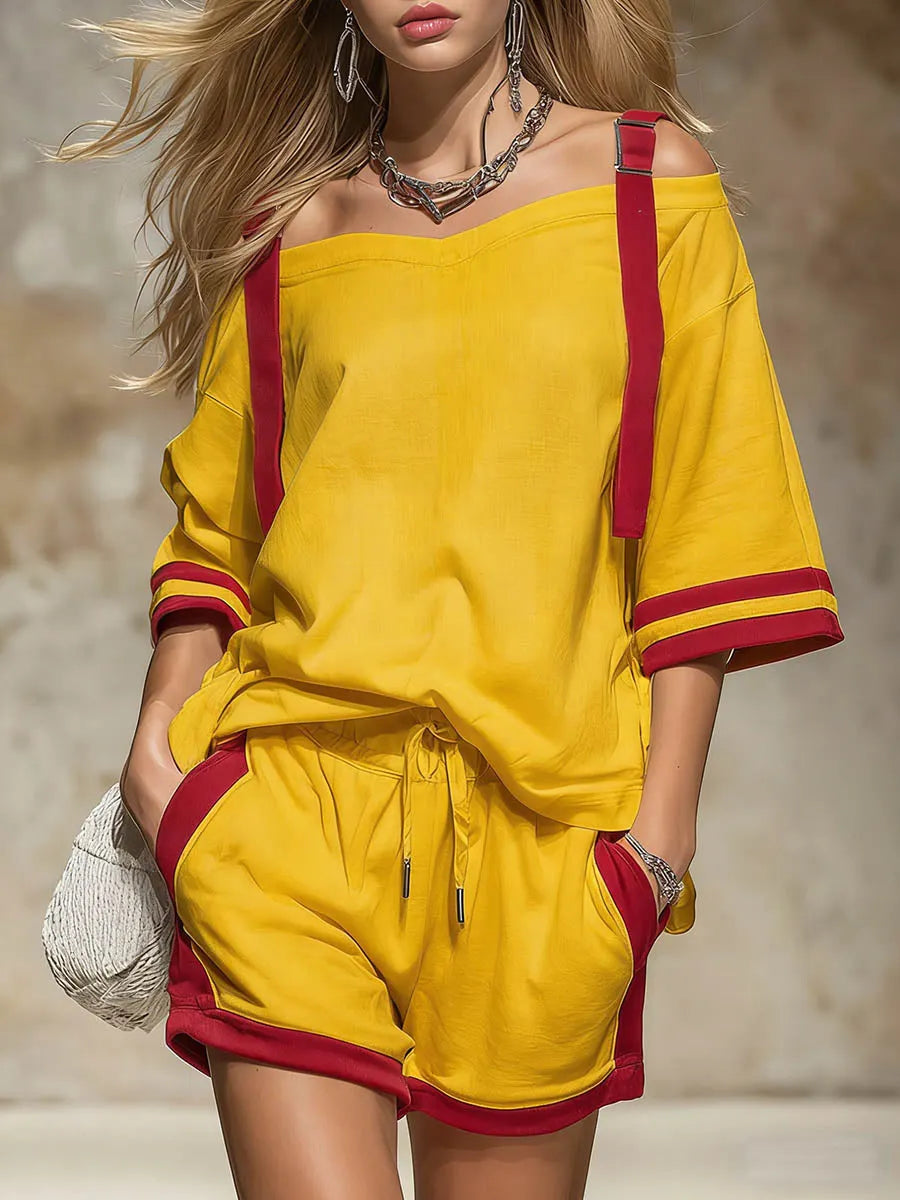 Women's Off-shoulder 3/4-sleeve Casual Loose Cotton Top & Elastic-waist Wide-leg Shorts Cotton Set