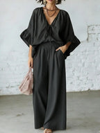 Retro Ruffled V-neck Shirt And Wide-leg Pants Two-piece Set