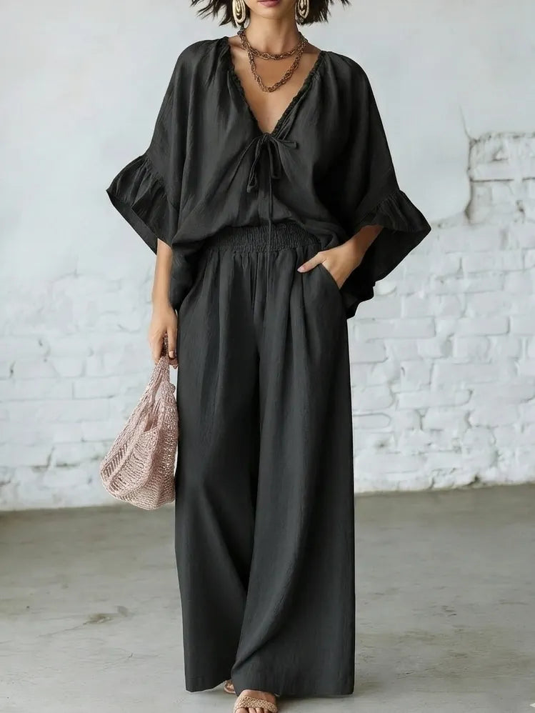 Retro Ruffled V-neck Shirt And Wide-leg Pants Two-piece Set