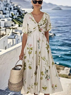 Women's Loose V-Neck Short Sleeve Floral Print Dress