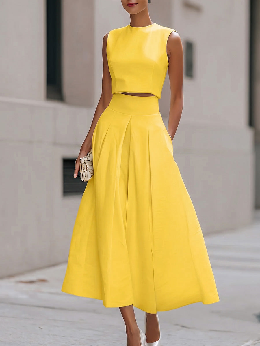 Women's Solid-color Cotton-linen Two-piece Set: Sleeveless Crew-neck Loose-fit Top & High-waisted A-line Skirt