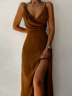 Women's Solid Color Spaghetti Strap V-neck Slit Dress