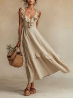 Elegant Ruffled Linen And Cotton Dress