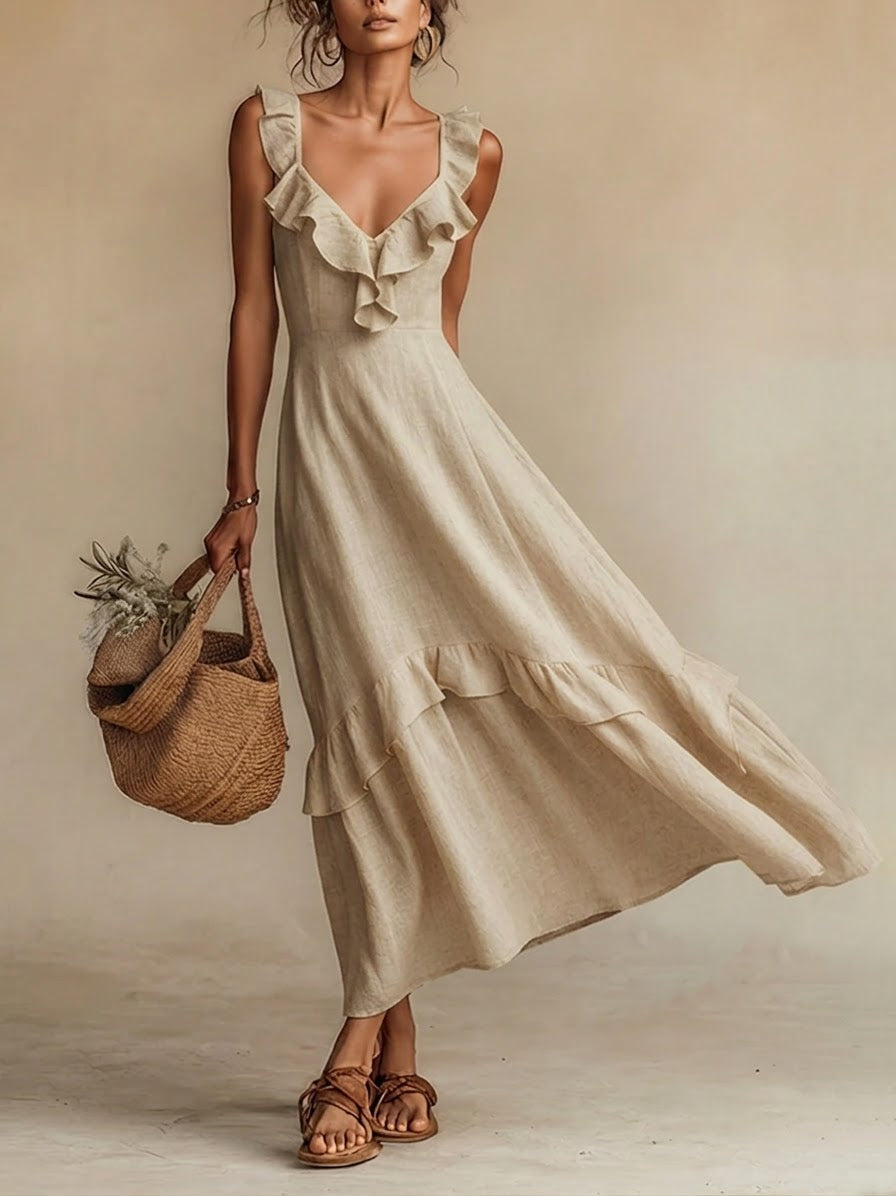 Elegant Ruffled Linen And Cotton Dress
