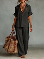 Casual Linen And Cotton Shirt And Trousers Two-piece Set