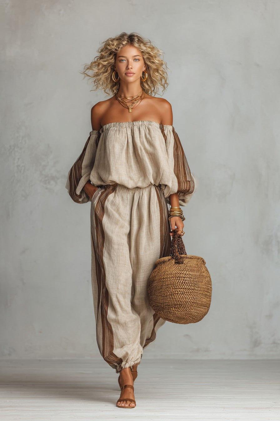 Women's Beige & Brown Stripe Off-Shoulder Top & Drawstring Jogger Pants Co-ord Set