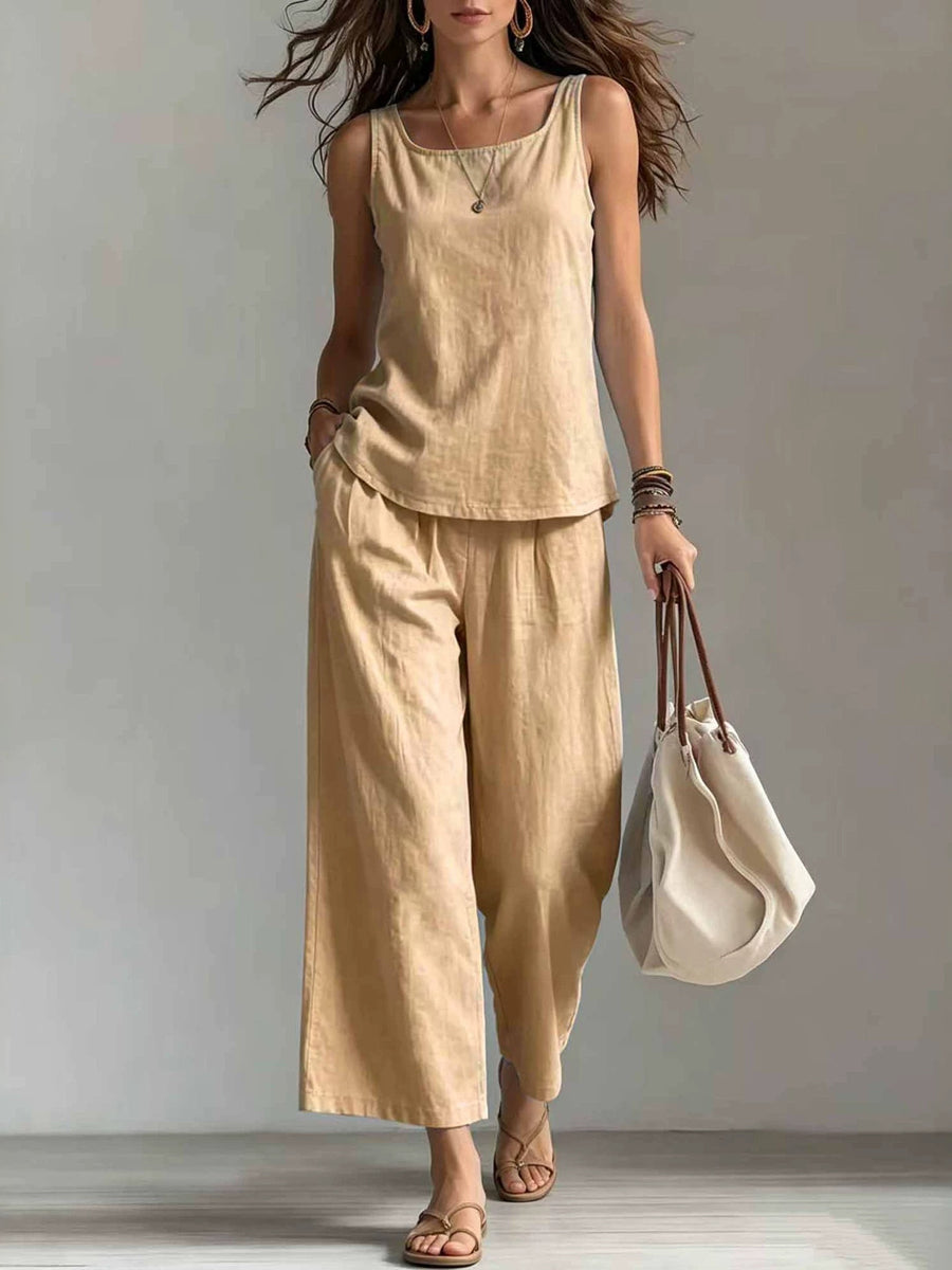 Women's Square-neck Sleeveless Cotton-linen Top And Pants Set
