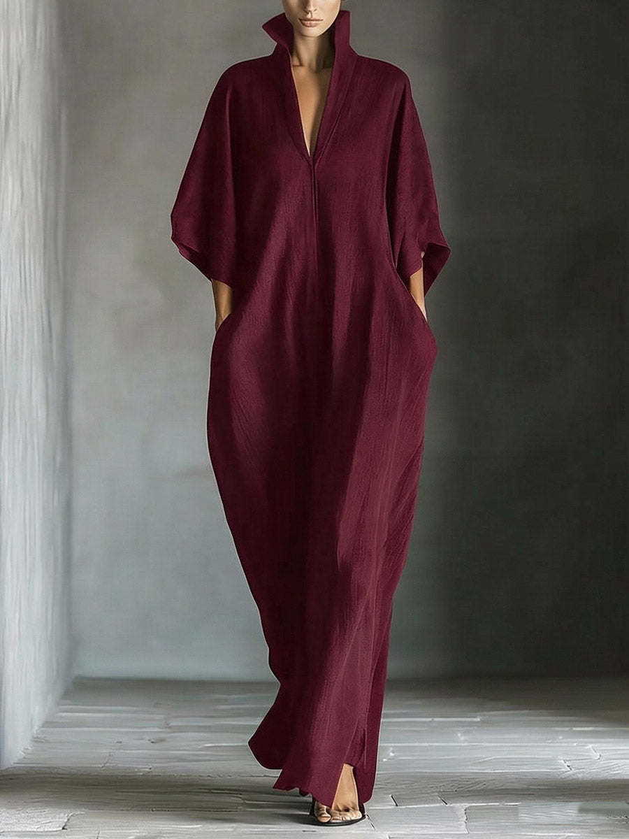 Women's Solid Color Stand Collar 3/4 Sleeve Casual Loose Cotton Linen Dress