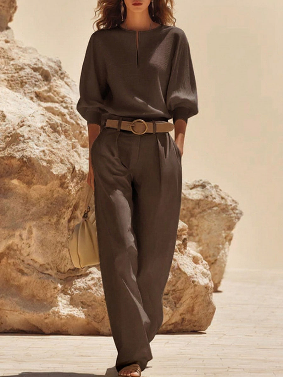 Women's Solid-color Linen Set: V-neck 3/4-sleeve Loose-fit Top & High-waisted Wide-leg Pants