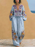 Boho Vintage Bouquet Print Loose Cotton Linen Two-piece Set