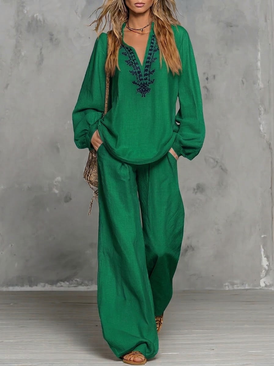 Casual Linen And Cotton Shirt And Trousers Two-piece Set