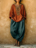 Bohemian Linen And Cotton Two-piece Top And Pants Set
