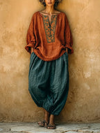 Bohemian Linen And Cotton Two-piece Top And Pants Set