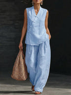 Stylish & Cozy Frog Closures Cotton-linen Two-piece Set