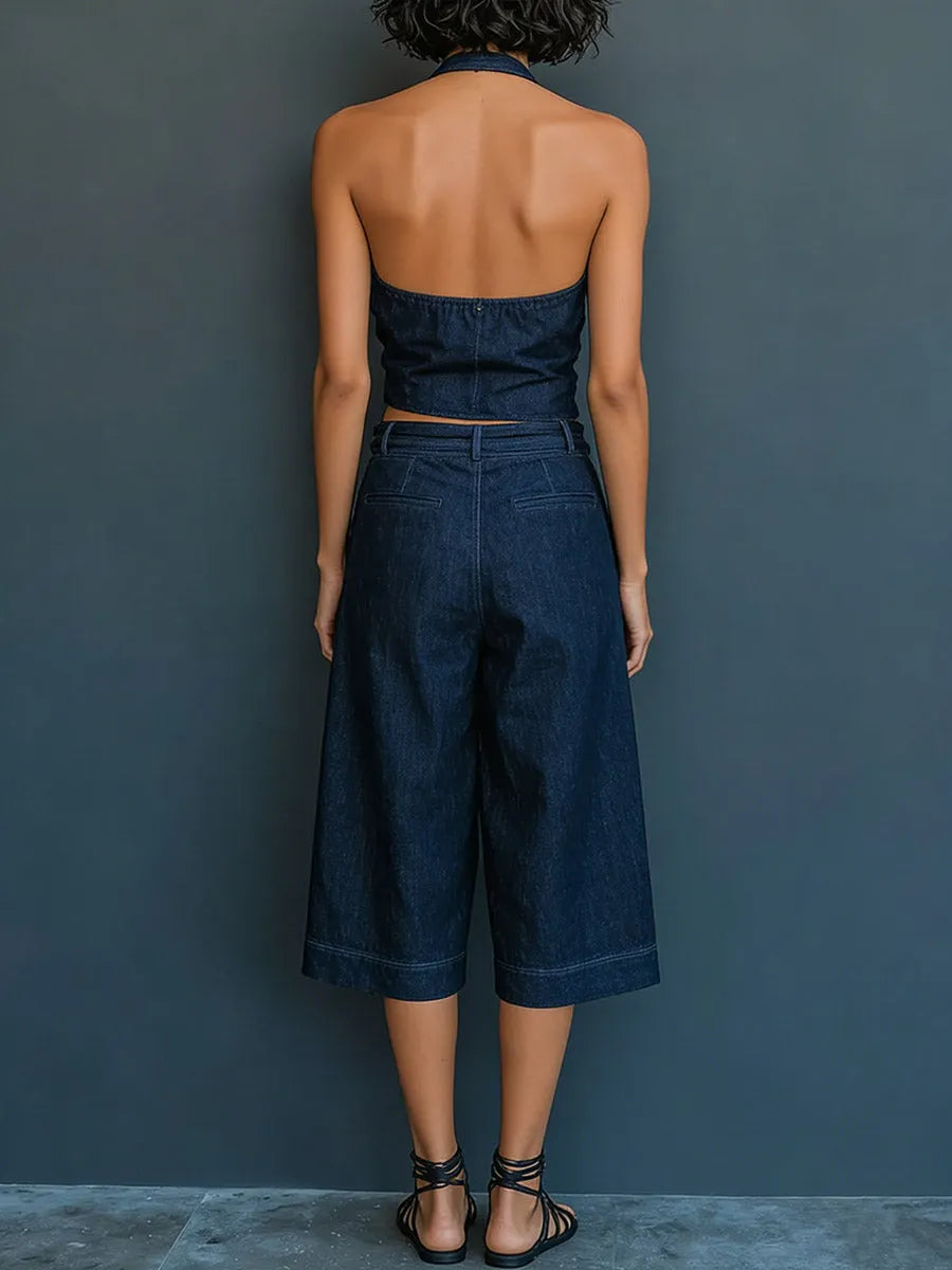 Women's V-neck Sleeveless Casual Loose Top And High-waisted Casual Loose Wide-leg Jeans Set