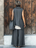 Casual Cowl-neck Linen & Cotton Top And Wide-leg Pants Two-piece Set