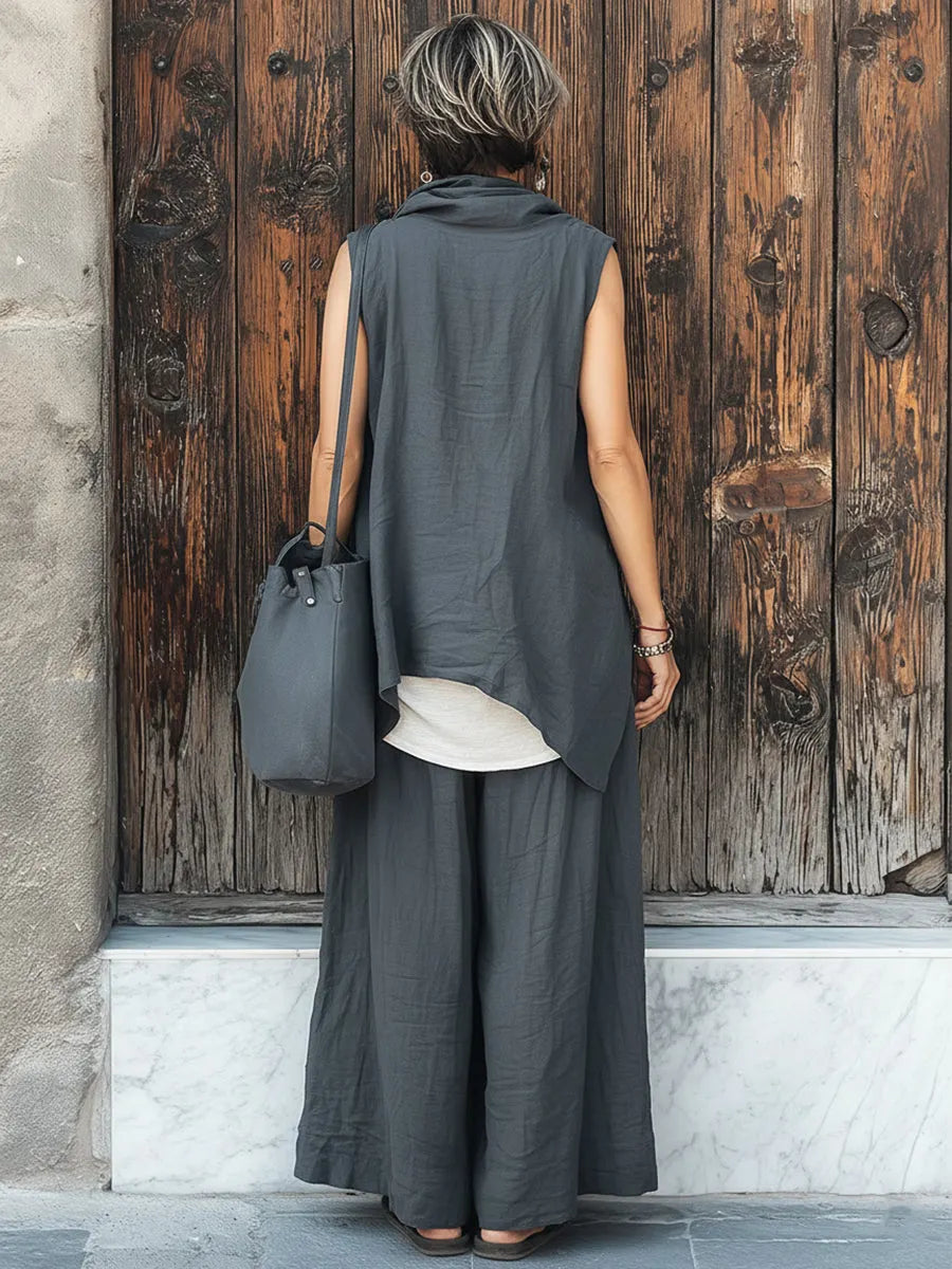 Casual Cowl-neck Linen & Cotton Top And Wide-leg Pants Two-piece Set