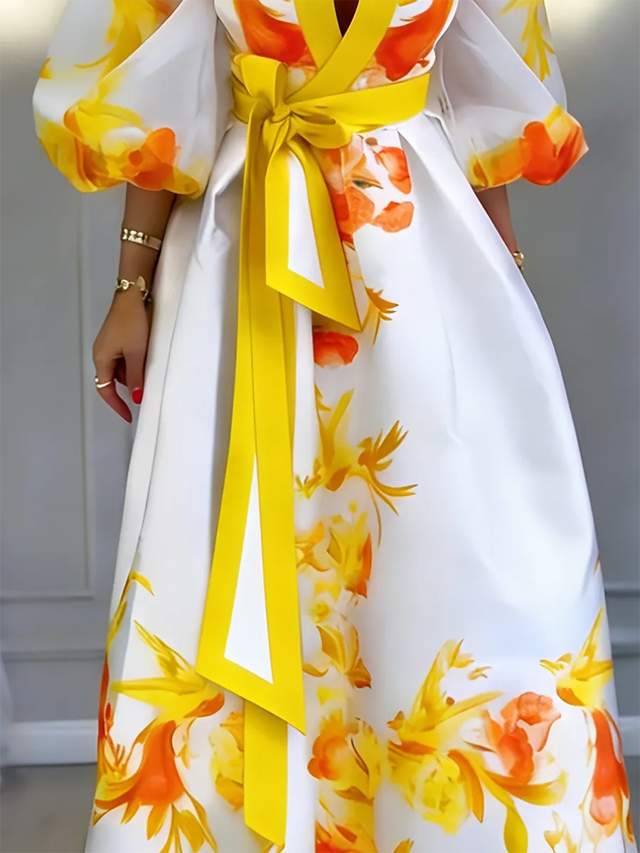 Elegant Retro Color-block Floral Print Dress With Belt
