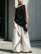 Women's Casual Cotton-linen Set: Off-shoulder Sleeveless Loose-fit Top & High-waisted Wide-leg Pants