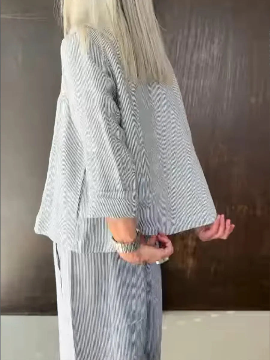 Casual & Cozy Striped Linen-cotton Shirt And Pants Two-piece Set