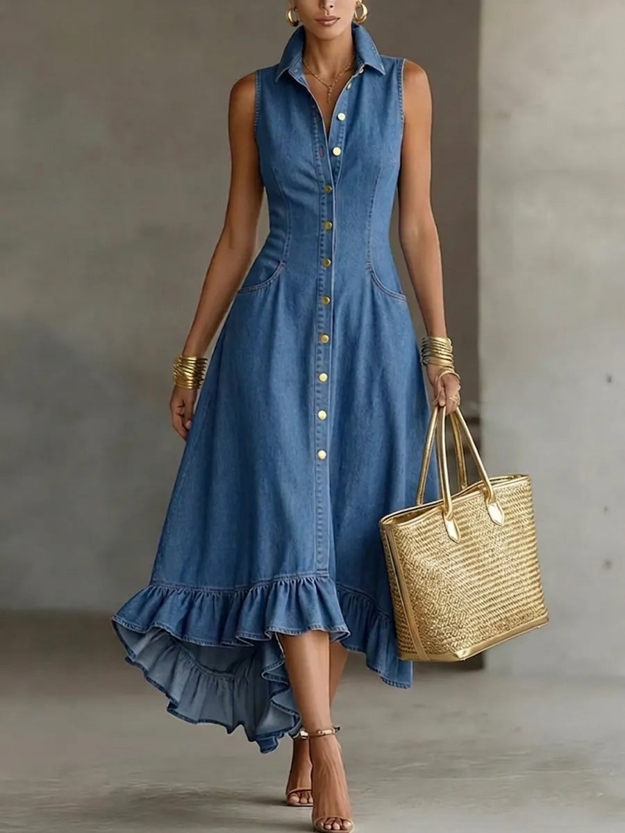 Elegant Lapel Button-front Denim Midi Dress
